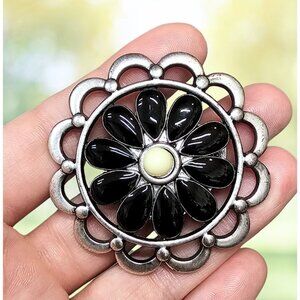 Vintage Art Deco Brooch Clip GA Signed Silver Tone Black Stone Flower Retro Boho